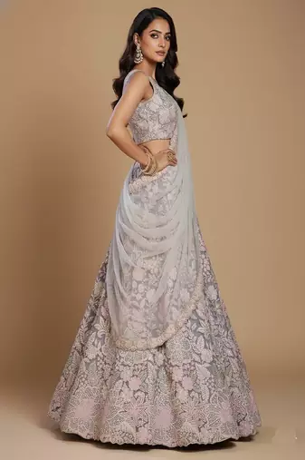 Grey Embroidery Net Lehenga Choli with Dupatta