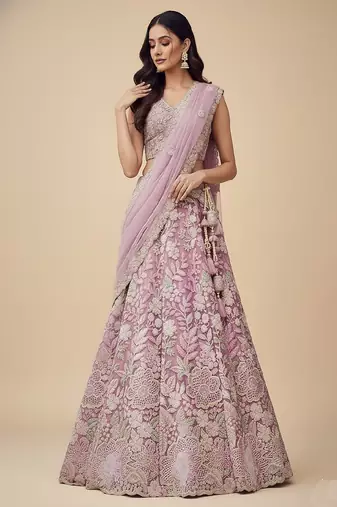 Pink Embroidery Net Lehenga Choli with Dupatta