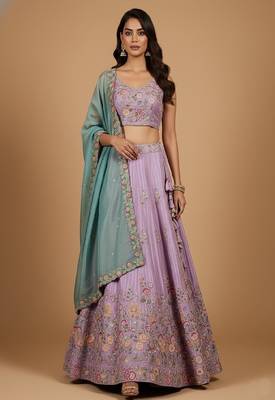 Lavender Embroidery Satin Silk Lehenga Choli with Dupatta 1
