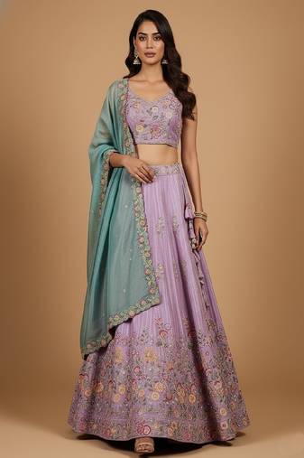 Lavender Embroidery Satin Silk Lehenga Choli with Dupatta