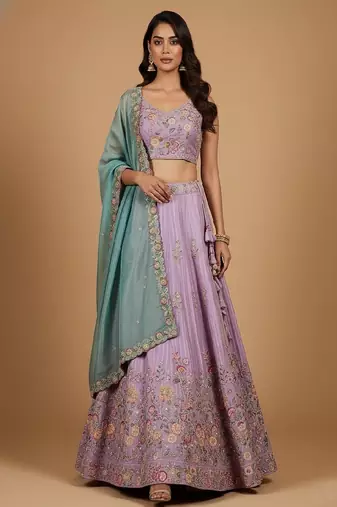 Lavender Embroidery Satin Silk Lehenga Choli with Dupatta