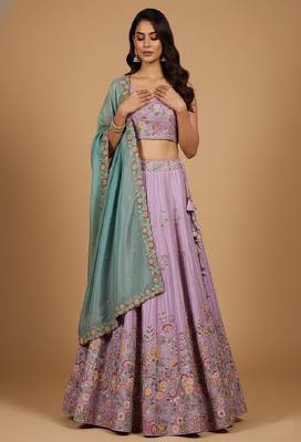 Lavender Embroidery Satin Silk Lehenga Choli with Dupatta 2