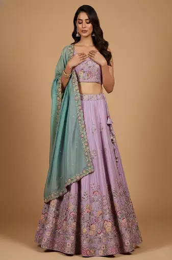 Lavender Embroidery Satin Silk Lehenga Choli with Dupatta