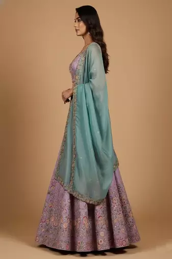Lavender Embroidery Satin Silk Lehenga Choli with Dupatta