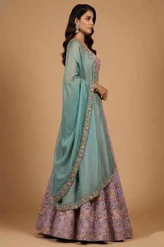 Lavender Embroidery Satin Silk Lehenga Choli with Dupatta