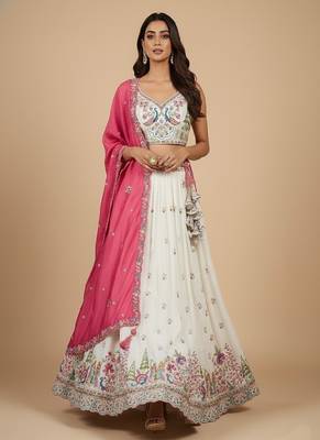 Cream Embroidery Vichitra Silk Lehenga Choli with Dupatta 1
