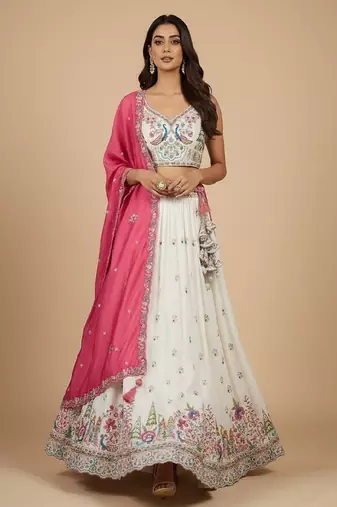 Cream Embroidery Vichitra Silk Lehenga Choli with Dupatta