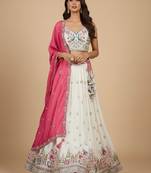 Cream Embroidery Vichitra Silk Lehenga Choli with Dupatta