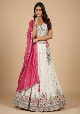 Cream Embroidery Vichitra Silk Lehenga Choli with Dupatta 2