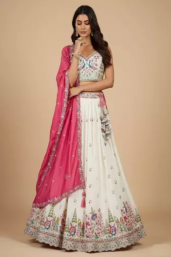 Cream Embroidery Vichitra Silk Lehenga Choli with Dupatta