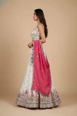 Cream Embroidery Vichitra Silk Lehenga Choli with Dupatta 3