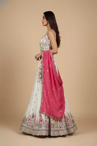 Cream Embroidery Vichitra Silk Lehenga Choli with Dupatta