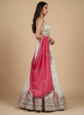 Cream Embroidery Vichitra Silk Lehenga Choli with Dupatta 4