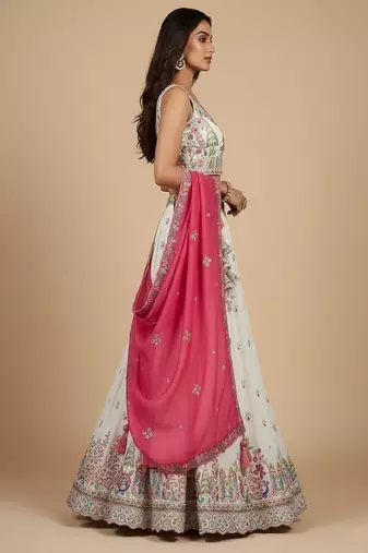 Cream Embroidery Vichitra Silk Lehenga Choli with Dupatta