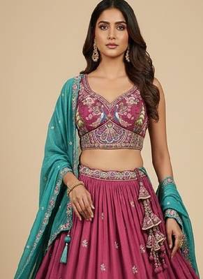 Pink Embroidery Vichitra Silk Lehenga Choli with Dupatta 2