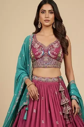 Pink Embroidery Vichitra Silk Lehenga Choli with Dupatta