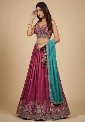 Pink Embroidery Vichitra Silk Lehenga Choli with Dupatta 1