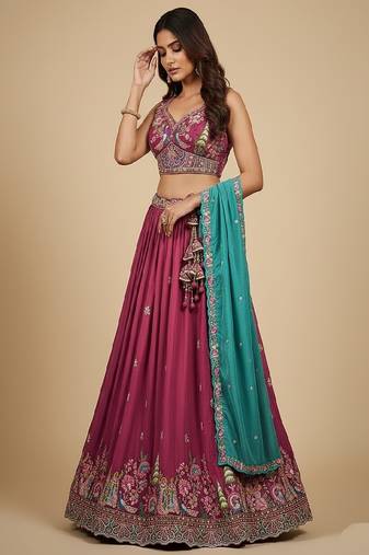 Pink Embroidery Vichitra Silk Lehenga Choli with Dupatta