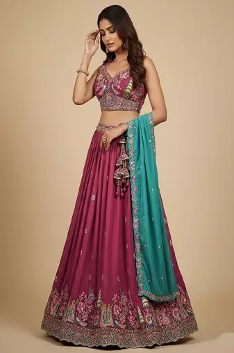 Pink Embroidery Vichitra Silk Lehenga Choli with Dupatta