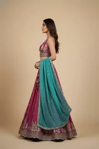 Pink Embroidery Vichitra Silk Lehenga Choli with Dupatta