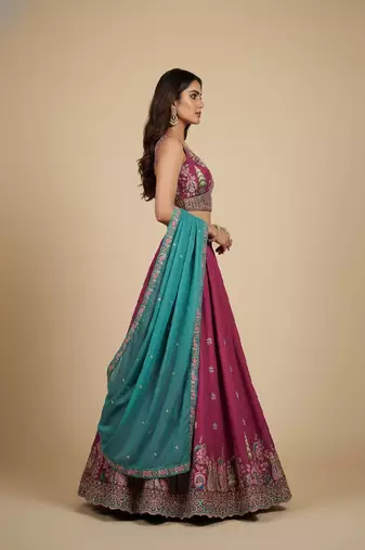 Pink Embroidery Vichitra Silk Lehenga Choli with Dupatta