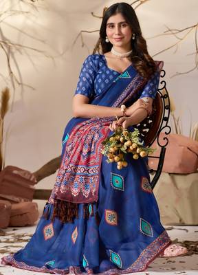 royal blue georgette saree with geometric prints 3