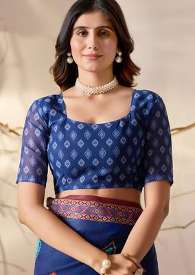 royal blue georgette saree with geometric prints 4