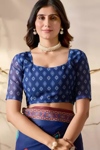 royal blue georgette saree with geometric prints