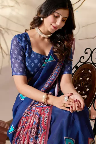 royal blue georgette saree with geometric prints