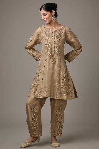 Gold embroidered tissue kurta set