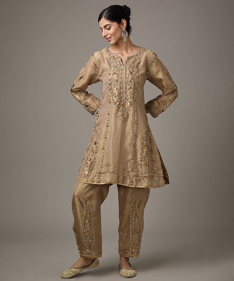 Gold embroidered tissue kurta set