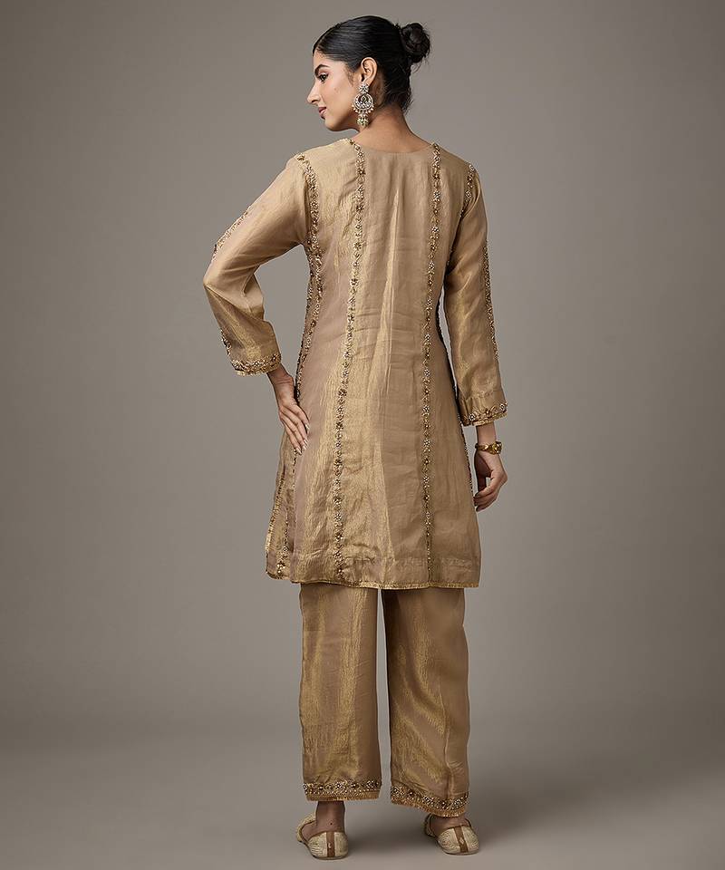 Gold embroidered tissue kurta set