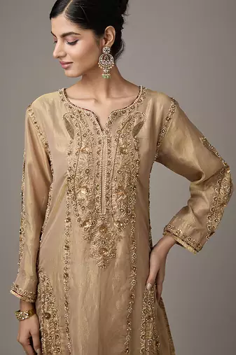 Gold embroidered tissue kurta set