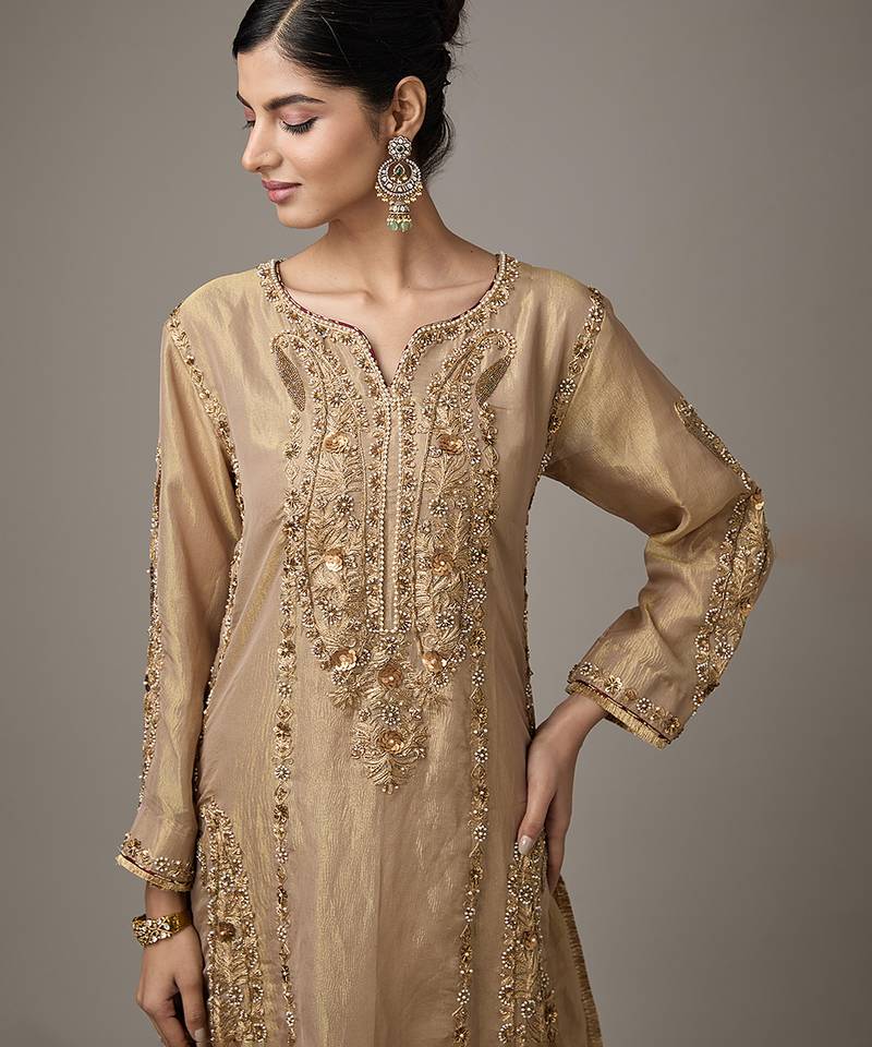 Gold embroidered tissue kurta set