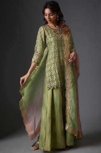 Green embroidered chanderi sharara set