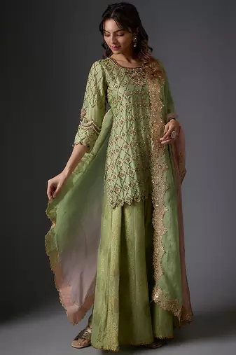 Green embroidered chanderi sharara set