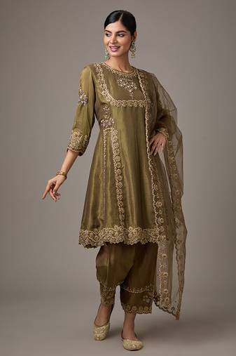 Green embroidered net kurta set
