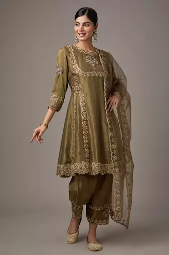Green embroidered net kurta set