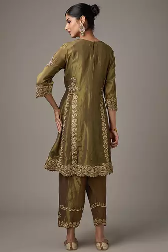 Green embroidered net kurta set