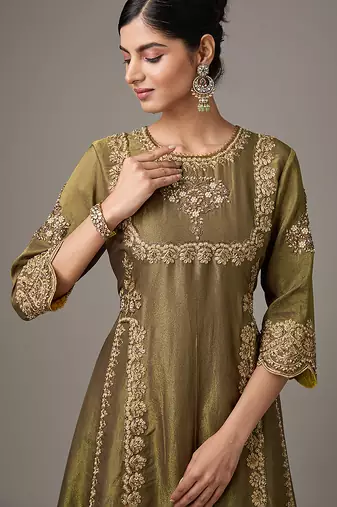 Green embroidered net kurta set