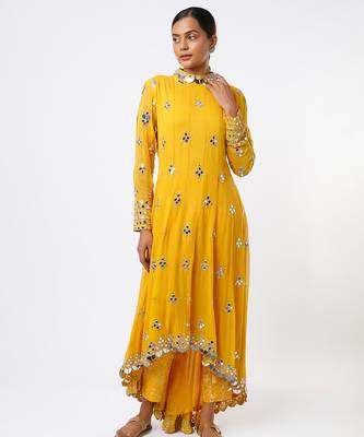 Yellow embroidered georgette kurta set 1