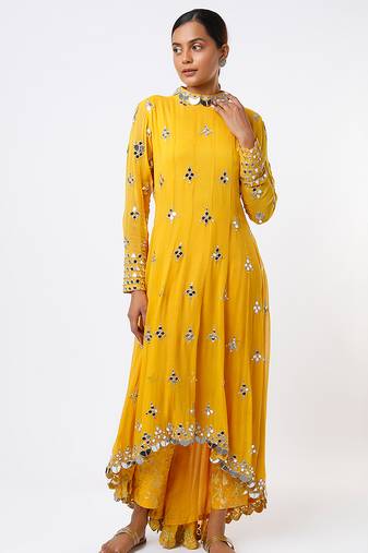 Yellow embroidered georgette kurta set