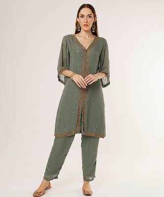 Green embroidered georgette kurta set 1