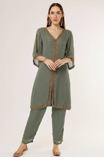 Green embroidered georgette kurta set