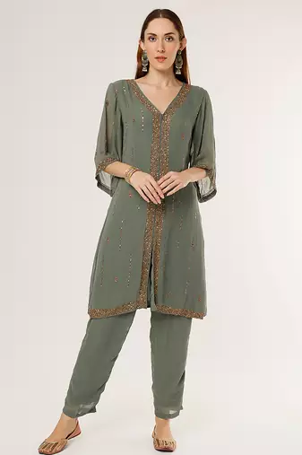 Green embroidered georgette kurta set
