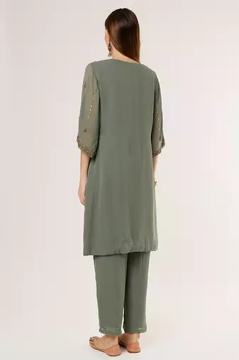 Green embroidered georgette kurta set