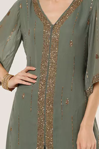 Green embroidered georgette kurta set