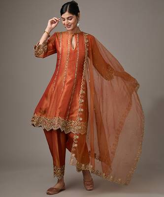 Orange embroidered net kurta set 1