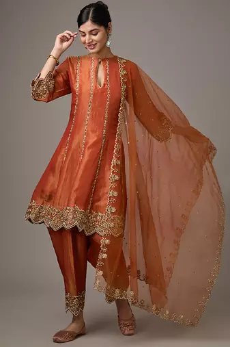 Orange embroidered net kurta set