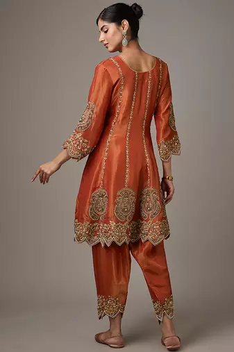 Orange embroidered net kurta set